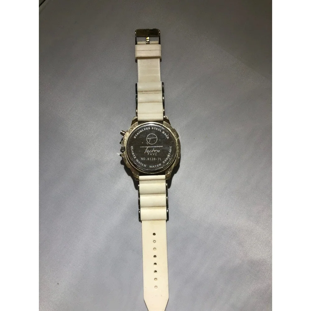 Techno Pave Gold Tone Crystal Bezel White Silicone Strap Watch 8128-7L